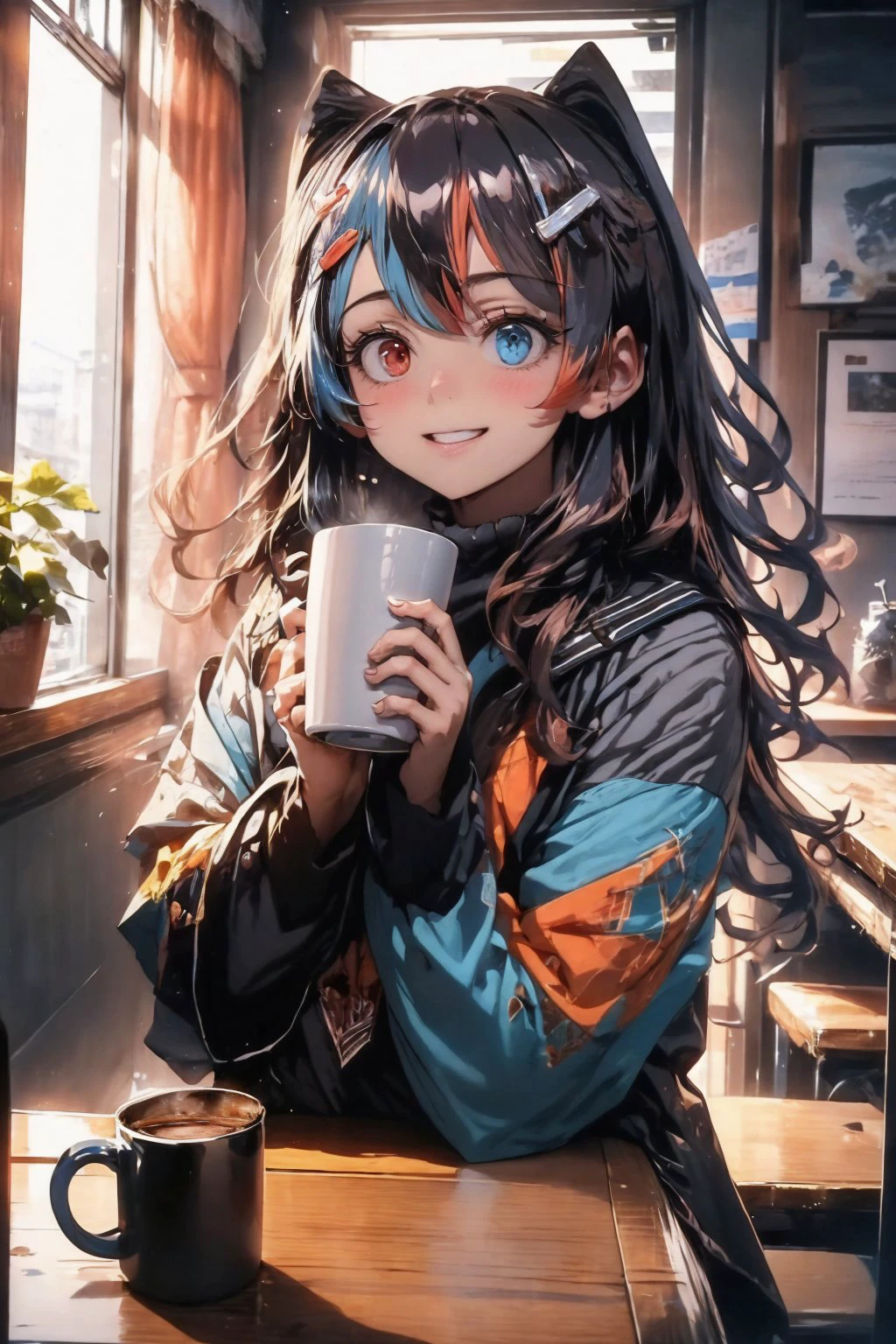 (masterpiece, best quality:1.2), upper body, solo, 1girl, switchchanoutfit, smile, looking at viewer, heterochromia, indoors, table, coffee mug <lora:Switchchan-v2:0.8>