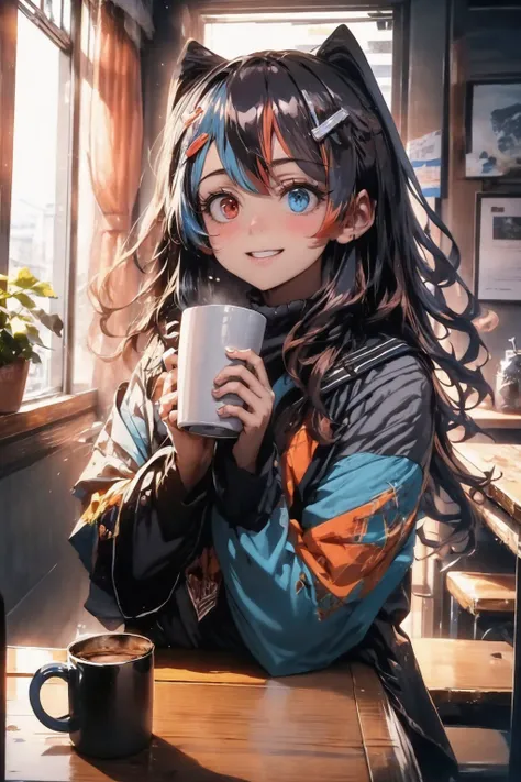 (masterpiece, best quality:1.2), upper body, solo, 1girl, switchchanoutfit, smile, looking at viewer, heterochromia, indoors, table, coffee mug <lora:Switchchan-v2:0.8>