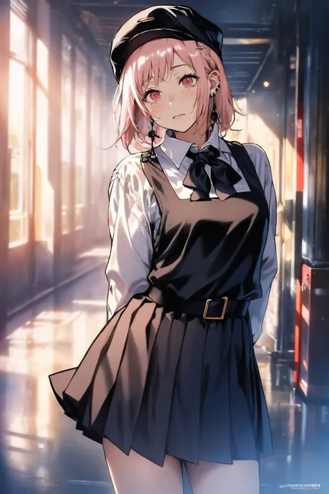 (masterpiece, best quality:1.2), cowboy shot, solo, 1girl, fami \(chainsaw man\), expressionless, looking at viewer, arms behind back, pink hair, hat, red eyes, school uniform, pinafore dress, white shirt, neck ribbon, jewelry, earrings <lora:csm_fami:1.0>
