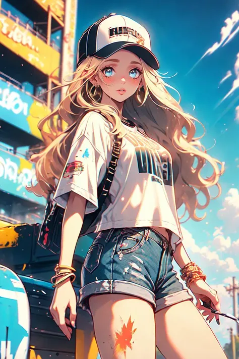 (masterpiece, best quality:1.2), (absurdres, highres, ultra-detailed), Graffiti, 1girl Maria, hat, jewelry, blonde hair, solo, earrings, paint splatter, baseball cap, long hair, shorts, blue eyes, looking at viewer, bracelet, shirt, <lyco:[LoCon] Graffiti 落書き Concept:1> <lora:Maria:1> <lyco:EnvyBeautyMix21:1>,