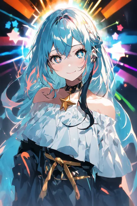 (masterpiece, best quality, highres), ((1girl, (mature female) long hair, upper body), (star-shaped pupils, +_+, symbol-shaped pupils, sparkling eyes)), (looking at viewer, light smile, off shoulder), (multicolored background, abstract background, chromatic aberration),