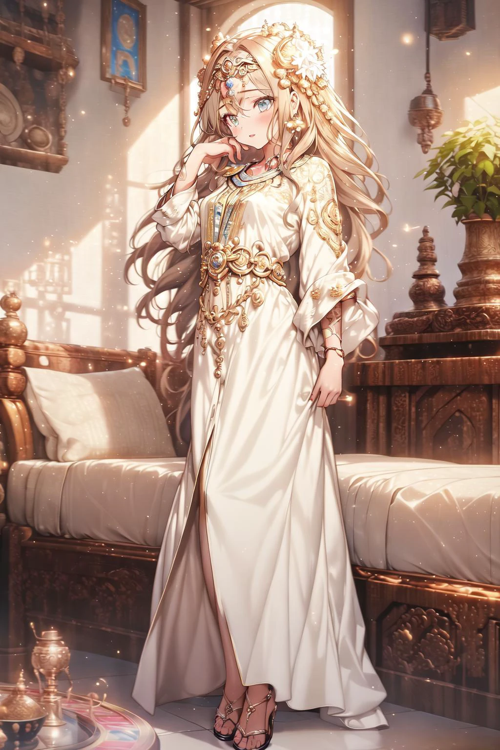 (masterpiece, best quality, absurdres:1.4), (detailed), (perfect anatomy), 1girl, standing, full body, shiny skin, petite, small breasts, toned, glowing tattoo, magic circle, light particles, reaching, wind, <lora:Moroccan_Caftan:1>, moroccan caftan, embroidery, caftan,
