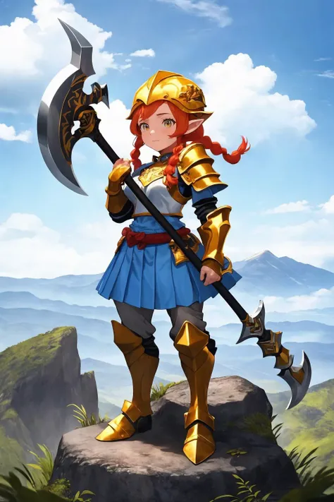 masterpiece, best quality, 1girl, solo, standing, mountain, cliff, cave, rock, dwarf, pointy ears, beard, helmet, orange hair, braid, axe, <lora:UnlimitedBladeWorks1.6:1>, holding axe, pants, golden armor, shoulder armor, armored boots, gauntlets, skirt, gemstone, gem, crystal