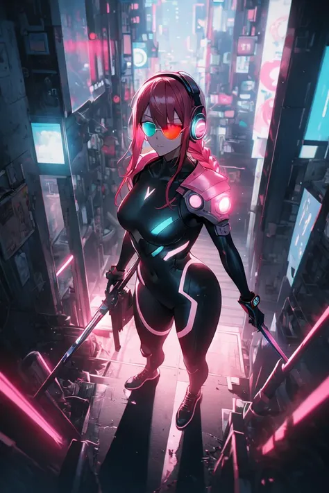 1girl, solo, city lights, (cyberpunk, cyberpunk style), from above,
<lora:makima_offset:0.8>, makima \(chainsaw man\), red hair, single long braided hair,
bangs, headphones, breasts,
sunglasses, black_sunglasses, covering eyes, hoodie,
holding weapon, plasma sword,
cyborg, mechanical_bodysuit, bodysuit, science fiction,
mechanical arms, single mechanical wings, broken wing, mechanical eye,
mechanical parts, mechanical_suit, mechanical, white breastplate, armor, shoulder pads,
looking at viewer, staring, <lyco:glaringV_Conv2D:0.5>, glaring, angry,
photorealistic, cyberpunk city, (night, night city, dark), cyberpunk lights, streets, (neon lights, bright_lights, pink_lights, neon lights in background:1.3),, weird atmosphere, (best quality:1.1), (masterpiece:1.2), high quality shadow, beautiful detailed, (high detailed skin, skin details), (wide_landscape, 8k), beautiful face, detailed eyes, depth of field, dramatic light, best quality, highres, best shadow, best illumination,