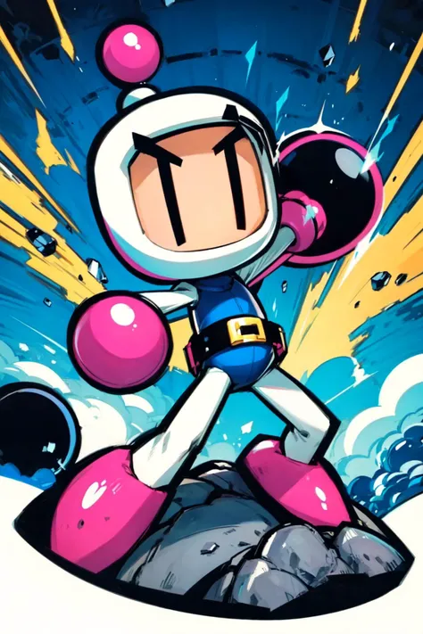 thick outlines, comics, photorealistic, solo, <lora:Bomberman White-Bomber:0.8>, Bomberman, eyebrows, small body, white helmet, white arms, round pink hand, blue torso, belt, round black bombs, explosions, grassfield, stone pillars, colorful, detailed background, detailed face, detailed eyes, <lora:add_detail:0.7>