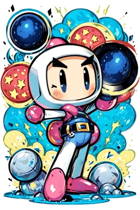 thick outlines, comics, photorealistic, solo, <lora:Bomberman White-Bomber:0.8>, Bomberman, eyebrows, white helmet, white arms, round pink hand, blue torso, belt, black bombs, explosions, grassfield, stone pillars, colorful, detailed background, detailed face, detailed eyes, <lora:add_detail:0.7>