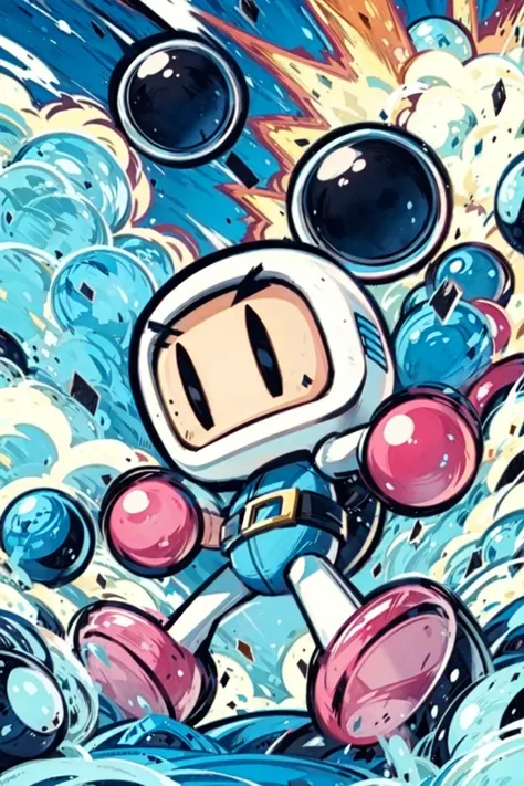 thick outlines, comics, photorealistic, solo, <lora:Bomberman White-Bomber:0.8>, Bomberman, eyebrows, white helmet, white arms, round pink hand, blue torso, belt, black bombs, explosions, grassfield, stone pillars, colorful, detailed background, detailed face, detailed eyes, <lora:add_detail:0.7>