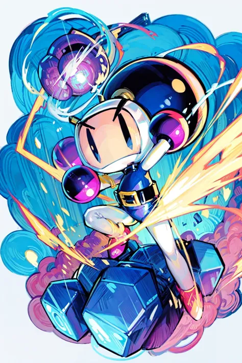 thick outlines, comics, photorealistic, solo, <lora:Bomberman White-Bomber:0.8>, Bomberman, eyebrows, small body, white helmet, white arms, round pink hand, blue torso, belt, round black bombs, explosions, grassfield, stone pillars, colorful, detailed background, detailed face, detailed eyes, <lora:add_detail:0.7>