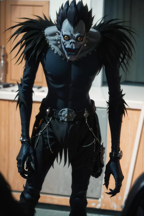 award-winning photography, ultra realistic,,ryuk, ((full body shot)), (bokeh, UHD, HDR, highres, ultra detailed, intricate details, textural effects, absurdres, masterpiece, 8k:1.2), <lora:ryukDeathNote_v01:1>