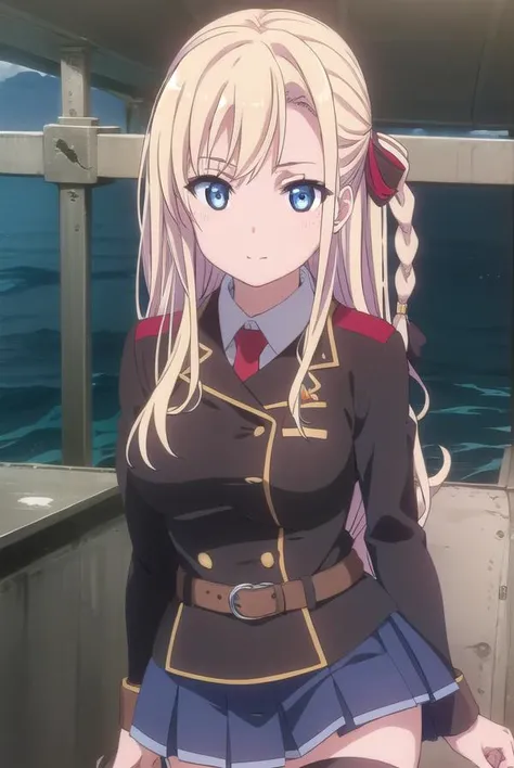 mashiromwilhelminabraunschweigingenohlfriedeburgnetani, <lora:wilhelmina braunschweig ingenohl friedeburg s1-lora-nochekaiser:1>,
wilhelmina braunschweig ingenohl friedeburg, long hair, blue eyes, blonde hair, braid, hair braid, single braid, ribbon, hair ribbon, smile,
BREAK skirt, thighhighs, striped, belt, uniform, zettai ryouiki, military, military uniform, striped thighhighs,
BREAK outdoors, ocean, boat, navy,
BREAK looking at viewer, (cowboy shot:1.5),
BREAK <lyco:GoodHands-beta2:1>, (masterpiece:1.2), best quality, high resolution, unity 8k wallpaper, (illustration:0.8), (beautiful detailed eyes:1.6), extremely detailed face, perfect lighting, extremely detailed CG, (perfect hands, perfect anatomy),