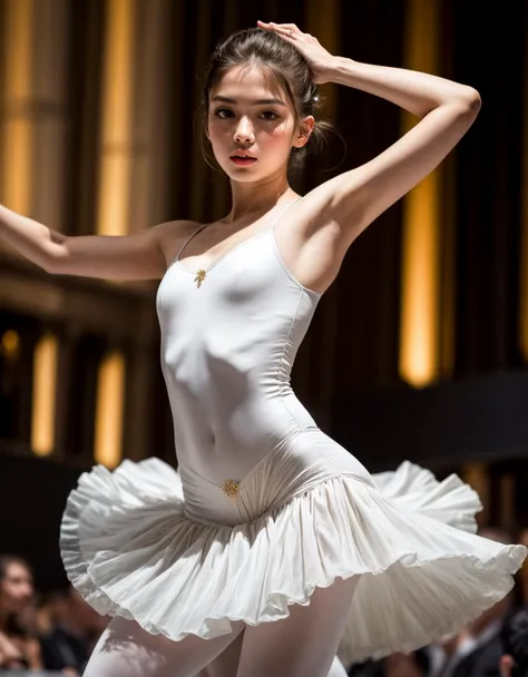 (masterpiece, best quality), (absurdres:1.3), (photorealistic:1.5), RAW photo of beautiful european girl, (dynamic pose:1.2), hair up, (young:1.3), slim, detailed eyes, detailed face, BREAK <lyco:more_details:0.8>, (dynamic pose:1.2), (cinematic composition), ballet, dancing, on stage