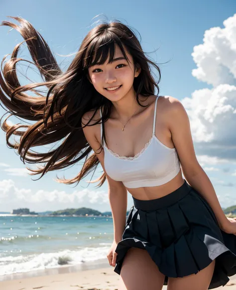 RAW photo of Japanese (18-year-old:1.4) beautiful 1girl, camisole, (skirt lifted by winds:1.4), long hair, bangs, thighs, outdoor, beach, sea, sky, smile