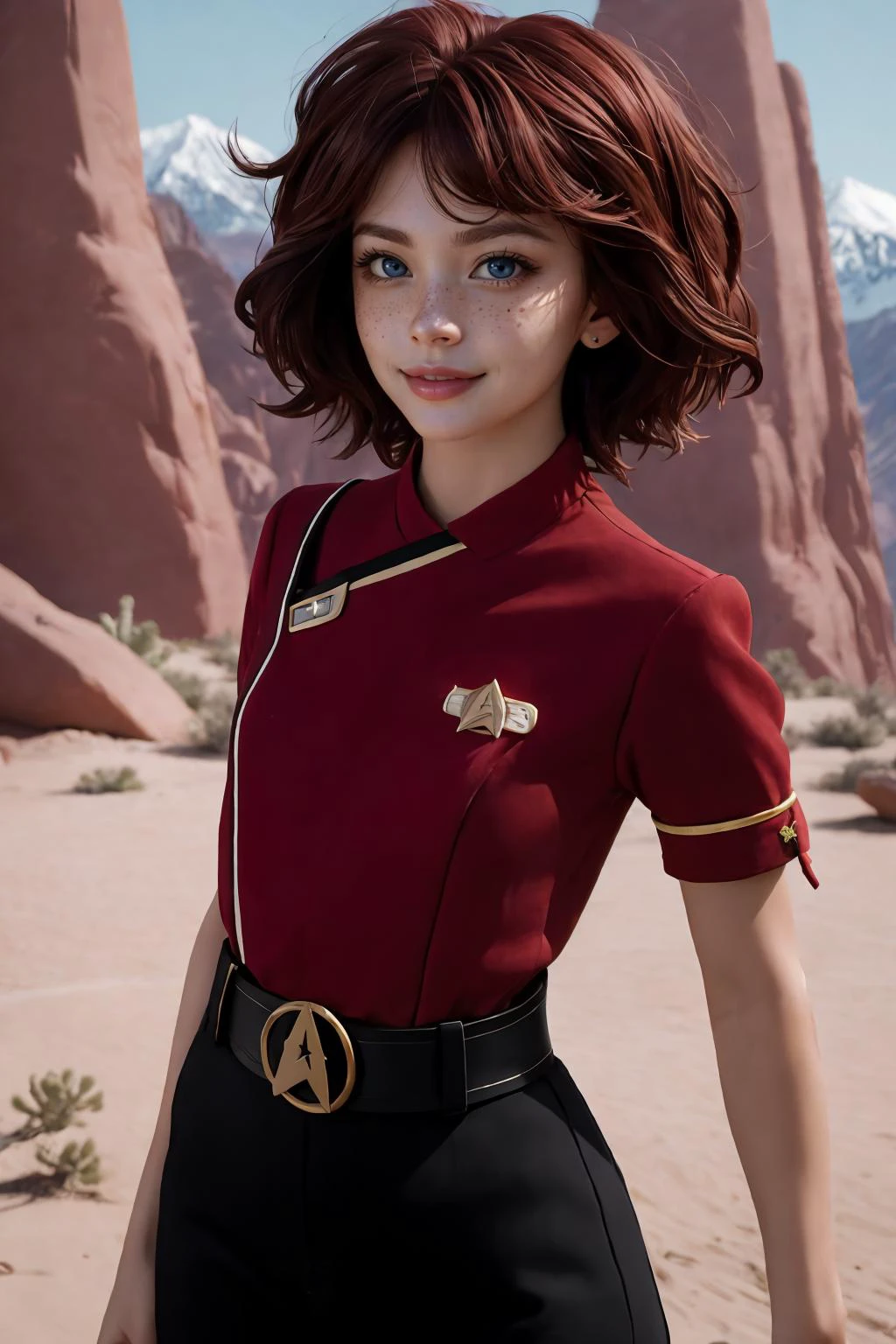 (masterpiece, best quality), (absurdres:1.3), (photorealistic:1.4), Cinematic Lighting, RAW photo of caucasian idol, (1girl:1.5), solo, (flat chest:1.2), (ultra detailed, ultra realistic, hyper realistic, 8K, ultra highres:1.2), (dynamic pose:1.4), bokeh, sharp focus, depth of field, (high detailed skin, detailed skin texture:1.2), lips, slim, slender, detailed eyes, detailed face, (short girl, petite body:1.5), short hair, red hair, (messy hair:1.5), outdoors, rocky desert, cliffs in the background, mountains in the far background, cactus in foreground,
<lora:3DMM_V11:0.5> 3DMM, <lora:TWOK_OC:0.8> twokunf uniform, black pants, red dress, red sleeves, black belt