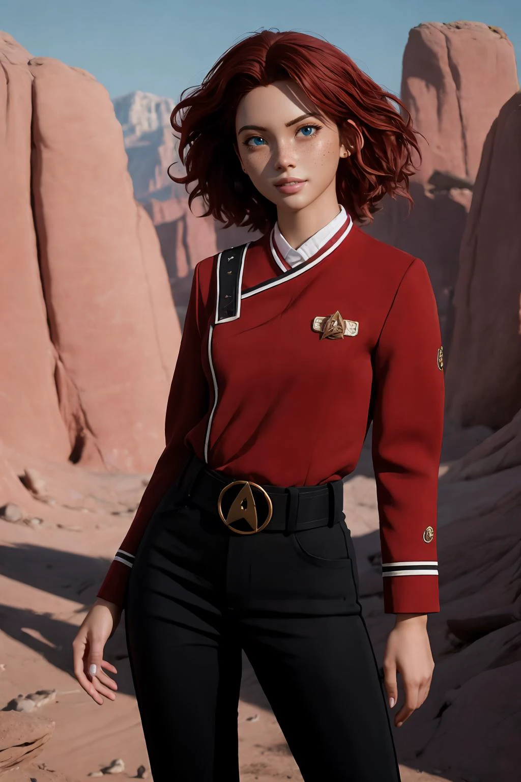 (masterpiece, best quality), (absurdres:1.3), (photorealistic:1.4), Cinematic Lighting, RAW photo of caucasian idol, (1girl:1.5), solo, (flat chest:1.2), (ultra detailed, ultra realistic, hyper realistic, 8K, ultra highres:1.2), (dynamic pose:1.4), arms behind back, bokeh, sharp focus, depth of field, (high detailed skin, detailed skin texture:1.2), lips, slim, slender, detailed eyes, detailed face, (short girl, petite body:1.5), short hair, red hair, (messy hair:1.5), outdoors, rocky desert, cliffs in the background, mountains in the far background, cactus in foreground,
<lora:3DMM_V11:0.5> 3DMM, <lora:TWOK_OC:0.8> twokunf uniform, black pants, red dress, red sleeves, black belt