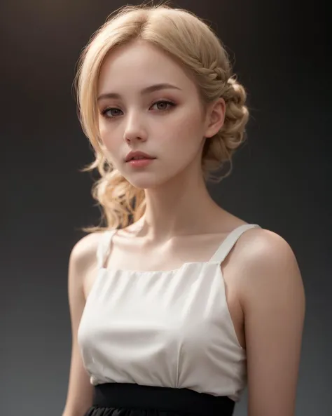 senior,cute,slender,european, eyes,pale cheeks,square face shape with angular jaw,natural "no-makeup" makeup,(blonde balayage hair),
wearing High waisted skirt, fitted top, and pumps.,
underneath view,
small breasts,
,
blurred desaturated bokeh background,
dark theme,
soothing tones,
muted colors,
high contrast,
(pale skin texture, hyperrealism, soft light, sharp),
artistic photoshoot,
milkmaid braid hair,
(ultra realistic,32k, masterpiece),(high detailed skin),( high quality),nsfw,