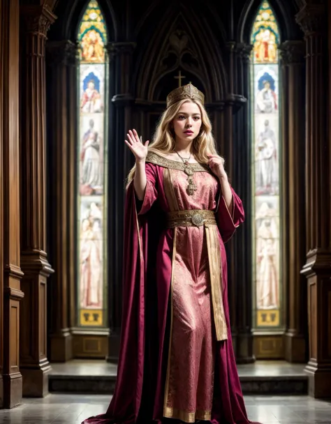 (masterpiece, best quality), (absurdres:1.3), (photorealistic:1.5), RAW photo of beautiful European girl, long hair, blonde hair, (dynamic pose:1.2), slim, BREAK <lyco:more_details:0.8>, (High Priestess costume), mitre, church, cathedral, praying, raising right hand