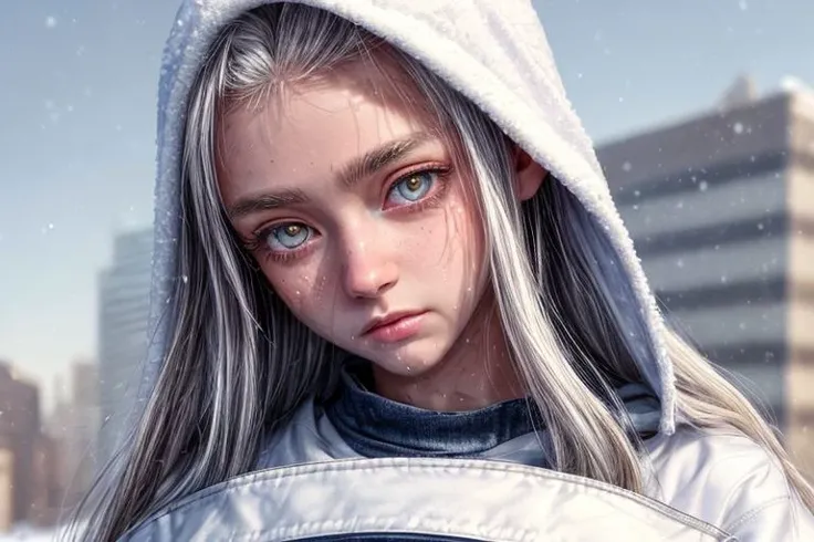 (best quality:1.1), (masterpiece:1.2), high quality shadow, beautiful detailed, (high detailed skin, skin details), (wide_landscape, 8k), beautiful face, detailed eyes, sad look, white hair, long hair, white eyes, purple jacket, dark blue jean shorts, 8k background, look from below, city, buetiful sky, detailed sky, wet girl, 1girl, small snow, detayled snow, wet t-shirt, white t-shirt, detailed background, small jacket, anime, small eybrows, shy face, night time, stars, full body
