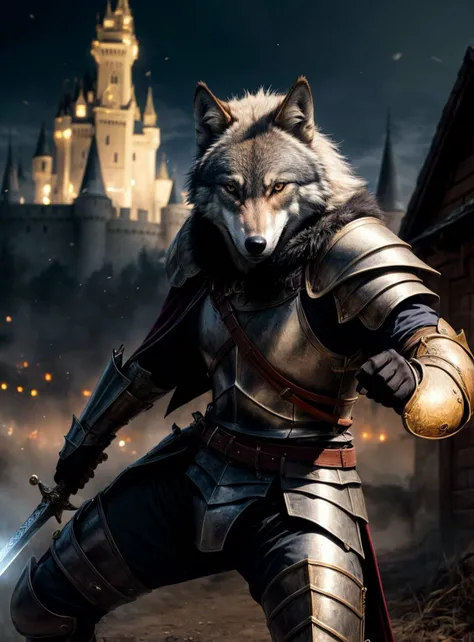 (masterpiece, best quality), (absurdres:1.3), (photorealistic:1.4), RAW photo of wolf knight, (ultra detailed, ultra realistic, hyper realistic, 8K, ultra highres:1.2), (dynamic pose:1.2), bokeh, sharp focus, depth of field, BREAK wolf armor, wolf helmet, wolf face mask, knight costume, holding large sword, battlefield, night, dark, cape, magic, castle, knights, (fighting stance:1.2), <lora:more_details:0.8>