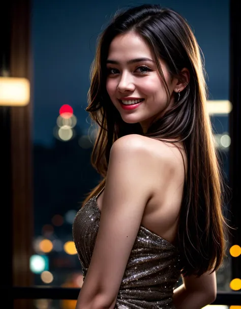 (masterpiece, best quality), (absurdres:1.3), (photorealistic:1.5), RAW photo of beautiful girl, long hair, (young girl:1.3), slim, detailed eyes, detailed face, <lyco:more_details:0.8>, (cinematic composition), dress, party, night city, cowboyshot, smile, looking back