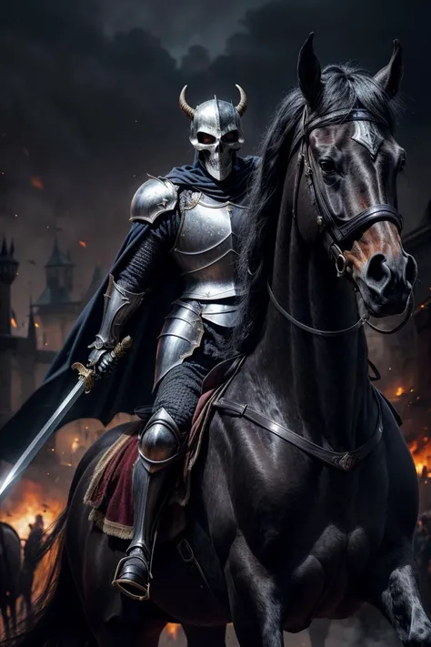 (masterpiece, best quality), (absurdres:1.3), (photorealistic:1.4), RAW photo of skeleton knight, (ultra detailed, ultra realistic, hyper realistic, 8K, ultra highres:1.2), (dynamic pose:1.2), bokeh, sharp focus, depth of field, <lyco:add_detail:1> BREAK silver armor, skull helmet, horns, skull face mask, knight costume, raising sword, battlefield, nightmare, night, dark, (glowing eyes), cape, magic, castle, riding (black horse:1.2), (horse armor)