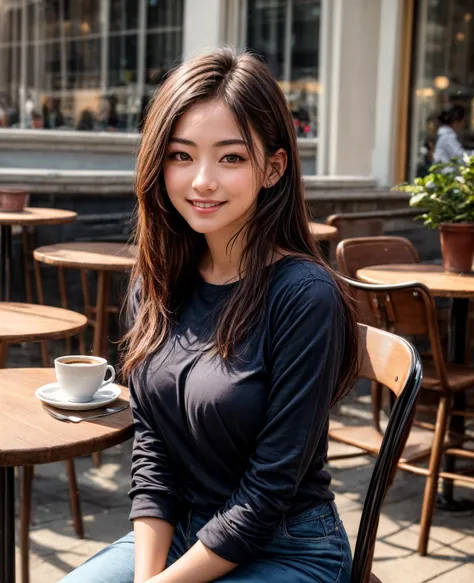 (masterpiece, best quality), (absurdres:1.2), (photorealistic:1.4), RAW photo of beautiful girl, long hair, slim, long sleeves, smile, (POV dating:1.2), cafe, table, chair, sitting, looking at viewr, crowd, BREAK (ultra detailed, ultra sharp, ultra highres, 8k:1.2)