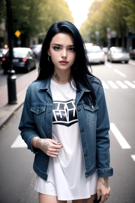 cinematic photo <lora:quiron_RubyAlexia_v010330_Lora:0.77> rubyAlexiaQuiron, 1girl, solo, black hair, blue eyes, looking at viewer, realistic, long hair, lips, makeup, tattoo, jewelry, piercing, smile , MakeUp,, T-shirt dress, denim jacket, white sneakers, , . 35mm photograph, film, bokeh, professional, 4k, highly detailed
( Asian-Less:1.3)
(nsfw:1.4)