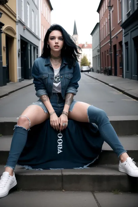 cinematic photo <lora:quiron_RubyAlexia_v010330_Lora:0.77> rubyAlexiaQuiron, 1girl, solo, black hair, blue eyes, looking at viewer, realistic, long hair, lips, makeup, tattoo, jewelry, piercing, smile , MakeUp,, T-shirt dress, denim jacket, white sneakers, , . 35mm photograph, film, bokeh, professional, 4k, highly detailed
( Asian-Less:1.3)
(nsfw:1.4)