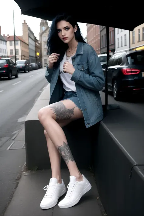 cinematic photo <lora:quiron_RubyAlexia_v010330_Lora:0.77> rubyAlexiaQuiron, 1girl, solo, black hair, blue eyes, looking at viewer, realistic, long hair, lips, makeup, tattoo, jewelry, piercing, smile , MakeUp,, T-shirt dress, denim jacket, white sneakers, , . 35mm photograph, film, bokeh, professional, 4k, highly detailed
( Asian-Less:1.3)
(nsfw:1.4)