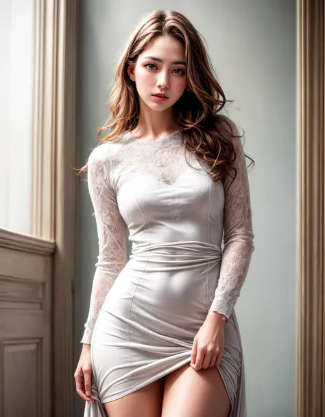 (masterpiece, best quality), (absurdres:1.2), (photorealistic:1.4), RAW photo of beautiful girl, long hair, slim, long sleeve dress, holding hem, dress lift, room, bokeh, sharp focus, BREAK (ultra detailed, ultra sharp, ultra highres, 8k:1.2)
