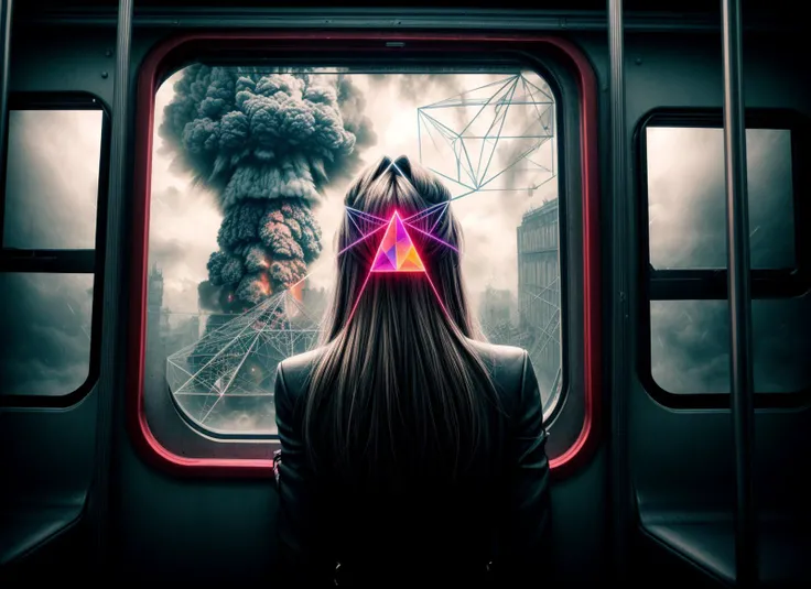 three cornered window, back of head shot of (woman looking out of triangle window:1.1), 3rd person, Looking out the triangular window of a (train:1.1) with triangular windows, triangular windows and triangular, wheels, in a fantasy world,
psychedelic, geometric, vivid light, high contrast, triadic colors, dark shadows, explosions, nuclear mushroom cloud, nuclear explosion, dystopian nightmare,
(beautiful composition),
21 yo woman,