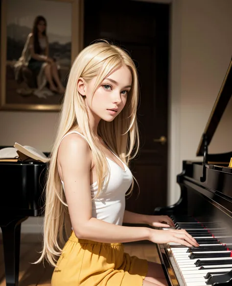 RAW photo of beautiful 1girl, long hair, blonde hair, playing piano, sitting
