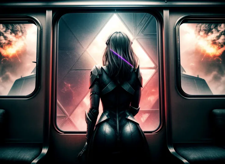three cornered window, back of head shot of (woman looking out of triangle window:1.1), 3rd person, Looking out the triangular window of a (train:1.1) with triangular windows, triangular windows and triangular, wheels, in a fantasy world,
psychedelic, geometric, vivid light, high contrast, triadic colors, dark shadows, explosions, nuclear mushroom cloud, nuclear explosion, dystopian nightmare,
(beautiful composition),
21 yo woman,