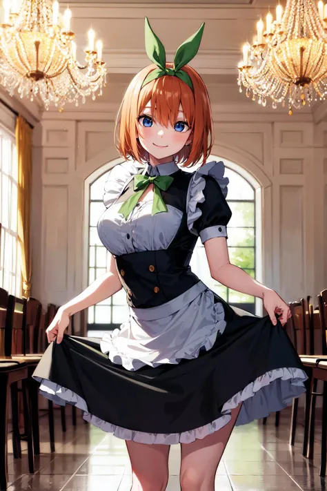 masterpiece, best quality, highres, aayotsuba, short hair, hair ribbon, green ribbon, hairband, <lora:nakano_yotsuba_v1:0.7>, maid, smile, indoors, chandelier, standing, skirt hold,