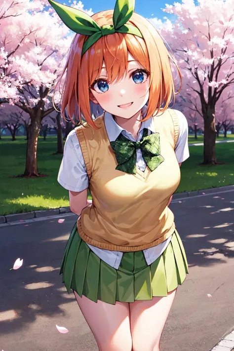 masterpiece, best quality, highres, aayotsuba, short hair, hair ribbon, green ribbon, hairband, green bow, collared shirt, sweater vest, yellow sweater, short sleeves, green skirt, pleated skirt, <lora:nakano_yotsuba_v1:0.7>, cherry blossoms, outdoors, standing, arms behind back, standing, leaning forward, smile,