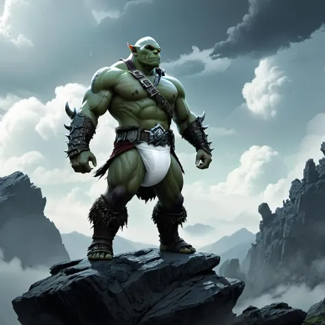 <lora:ABXLv0.2.5:1> concept art of orc general posing on rock, clouds. digital artwork, illustrative, painterly, matte painting, highly detailed, cinematic composition, (wearing white diaper:1.5)