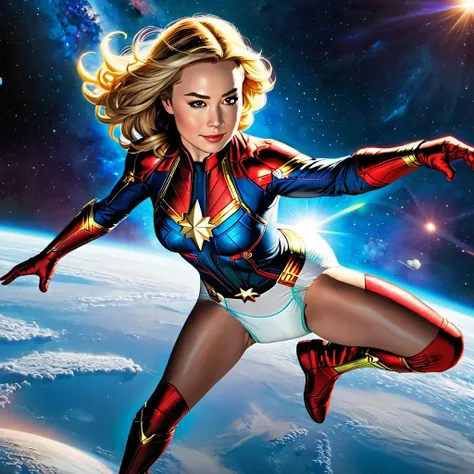 <lora:ABXLv0.2.5:0.8>, marvel comic style, full body, far shot, captain marvel (flying through space:1.5), (wearing diaper:1.5), earth in the background, lens flair