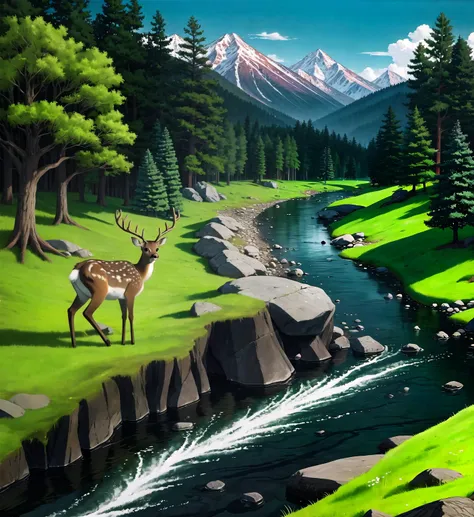 a deer in landscape, traditional ink art, mountain, trees, river