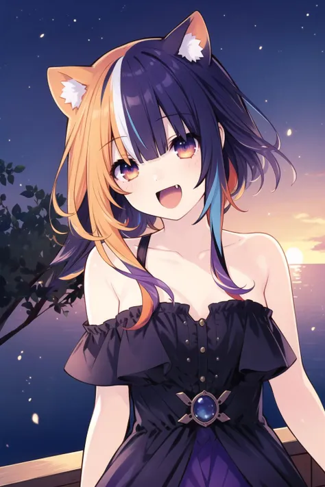 1girl,bright purple hair,orange streaked hair,colored inner hair,(cat ears:1.1),bare neck,bare shoulders,purple dress,orange and purple eyes,gradient eyes,
collarbone,(cowboy shot:1.2),solo,head tilt,laughing,(smile:0.8),detailed background,crazy eyes,fang,cat girl,outdoors,sunset,
BREAK chiaroscuro,skin caustics,volumetric lighting,rim light,key light,fill light,light particles,exceptional,