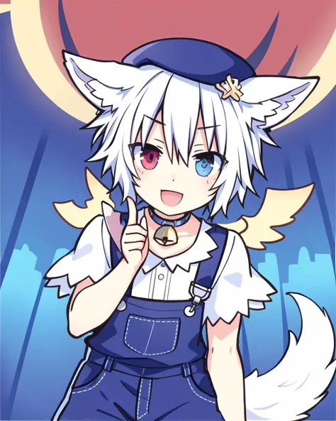 (masterpiece, best quality), 1boy, solo, white short hair, wolf ears, wolf tail, long eyebrow, heterochromia, red eye on right eye, blue eye on left eye, white shirt, blue overalls, white-framed eyewear, purple beret on left head, neck bell, light smile, fantasy, castle