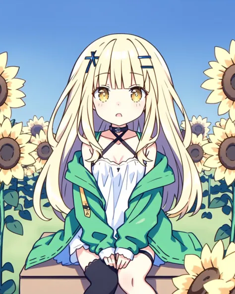 (anime screencap style), 1girl, solo, sharp focus, absurdres, best quality, long hair, bangs, blunt bangs, light brown hair, relaxing, outdoors, sunflower field, cute, innocent, virtual youtuber, white dress, x hair ornament, striped thighhigh, single thighhigh, open jacket, yellow eyes, hair ribbon, looking at viewer,  puffy long sleeves, green jacket, small breasts, collarbone, criss-cross halter, black choker