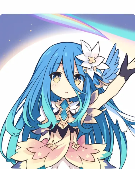 1gril,clear face,High definition,(white background:1.2),paint effect, long hair girl with white mixed with rainbow color flowing hair and starry color clothes,Beautiful hair,white hrie,rainbow hair