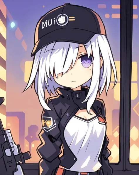 masterpiece, best quality, 4k, UHD, mishoujo, painting, beautiful eyes and detailed face, illustration, beautiful detailed, high resolution illustration, glowing_white_particles, 1girl, white hair, light purple eye, hair over one eye, short sidetail, baseball cap,expressionless, window shade, black jacket, chest rig, cyberpunk, techwear,(Impressionism:1.4), Vincent van Gogh