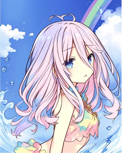 (masterpiece, top quality, best quality,watercolor (medium),official art, beautiful and aesthetic:1.2),(1girl:1.3), (fractal art:1.3),upper body, from side, looking at viewer,patterns,(rainbow color Hair,colorful hair,half blue and half pink hair:1.2),water,liquid, cloud,colorful, starry,stars,