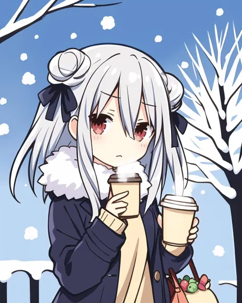 (masterpiece), (best quality), (highly detailed), 1girl, solo, red eyes, holding, disposable cup, looking at viewer, holding cup, outdoors, snow, long sleeves, bangs, cup, coffee cup, tree, closed mouth, bare tree, fur trim, hair between eyes, ribbon, open clothes, bag, winter, black ribbon, snowing, grey hair, coat, hair ribbon, hair bun, upper body, jacket, sidelocks, blush, fur collar