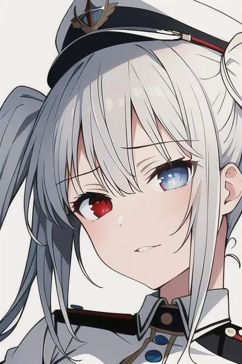 1girl,extremely_detailed_eyes_and_face,
<lora:whitequeen_scarxzys:1>,,white queen, clock eyes, white hair, bangs, low twintails, (right red eyes:1.2), (left blue eyes:1.2), heterochromia, (small breast:1.2), white military dress, white admiral's cap, white gloves, heeled boots, long white hair, tied, symmetrical twintails,
<lora:Detail Tweaker LoRA (ç»èè°æ´LoRA):0>,upper body, standing, looking at viewer, crossed arms,