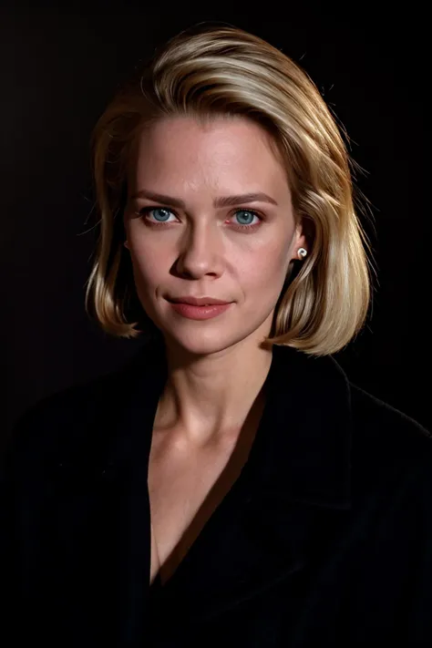 photo of a beautiful woman, (black coat:1.2), short hair, blonde hair, detailed face, detailed eyes, upper body focus, mouth closed, smile, looking at viewer, (simple background:1.2), <lora:MaritaCovarrubias:0.65>, masterpiece, highest quality, photoreal, realistic, photograph