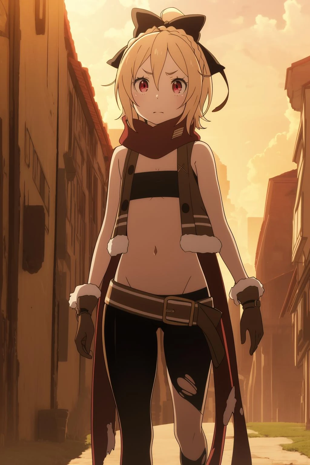 thighs,pov,cameltoe,covered nipples,
<lora:è²é²ç¹2V-000009:0.8>,è²é²ç¹,1girl,blonde hair,red eyes,crown braid,black bow,short hair,ahoge,hair between eyes,bangs,hair bow,
red scarf,black bandeau,cropped jacket,brown jacket,flat chest,cleavage,sleeveless,bare shoulders,sheathed,fur trim,belt,midriff,navel,torn scarf,brown vest,fur-trimmed gloves,brown gloves,groin,navel,single pantsleg,black pants,open vest,ribbon,
(walking:1.5),, Exquisite visuals, high-definition,masterpiece,best quality,, 18yo,Young female,Beautiful Fingers,Beautiful long legs,Beautiful body,Beautiful Nose,Beautiful character design, perfect eyes, perfect face,expressive eyes,
official art,extremely detailed CG unity 8k wallpaper, perfect lighting,Colorful, Bright_Front_face_Lighting,shiny skin,
(masterpiece:1.0),(best_quality:1.0), ultra high res,4K,ultra-detailed,
photography, 8K, HDR, highres, absurdres:1.2, Kodak portra 400, film grain, blurry background, bokeh:1.2, lens flare, (vibrant_color:1.2), (beautiful_face:1.5),(narrow_waist), ,NSFW,