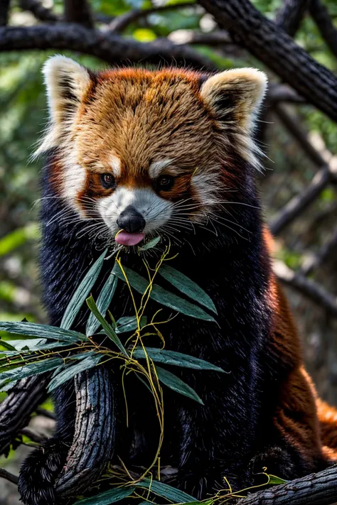 <lora:red_panda:1.0> <lora:add_detail:1.0> a beautiful redpanda eating bamboo in a chinese forest, whiskers, fluffy, soft fur, detailed fur, animal tongue, dense foliage, vibrant, colorful, lush vegetation, dramatic lighting, sunny morning, crepuscular rays, no human, realistic, animal focus, full body, (masterpiece, best quality:1.4), (raw photo, professional photoshoot:1.2), (16k, 8k, ultra highres, absurdres, highres:1.2), Hasselblad HV90x-II, 35mm, Kodak Portra 800, extremely detailed, highly detailed, intricate details