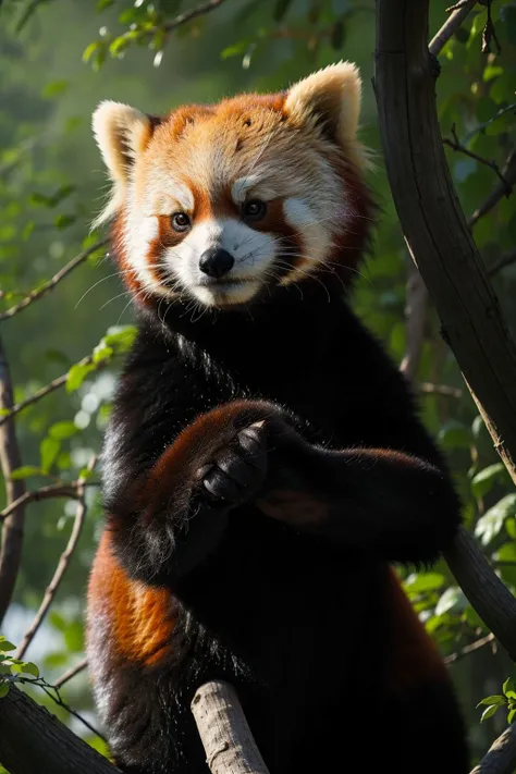 <lora:Redpandav01:0.7>,no human, redpanda, masterpiece, best quality, photo realistic,whiskers, animal, plant, realistic, animal focus,sunlight,blurry,traditional media, forest.tree,cute,half body,close up,animal,standing,, (masterpiece, best quality, high quality, highres, ultra-detailed),