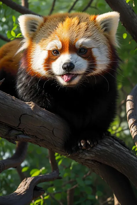 <lora:Redpandav01:0.7>,no human, redpanda, masterpiece, best quality, photo realistic,whiskers, animal, plant, realistic, animal focus,sunlight,blurry,traditional media, forest.tree,cute,half body,close up,lying,animal,animal tongue, (masterpiece, best quality, high quality, highres, ultra-detailed),